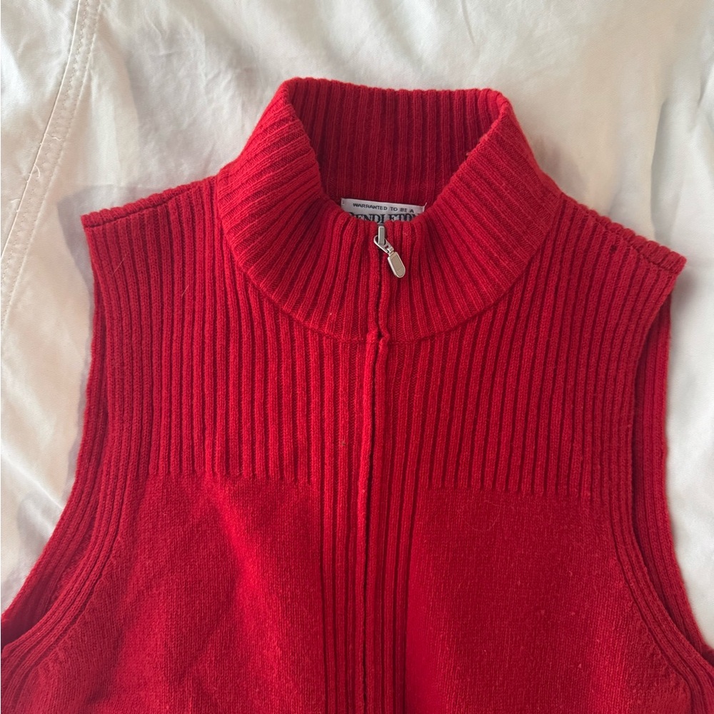 Red Ribbed Pendleton Zip Mock Neck Sleeveless Sweater